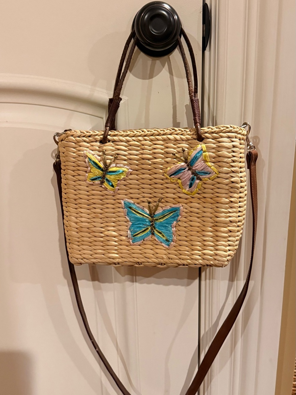 Sonoma Straw Shoulder Bag with Colorful Butterfly Embroidery